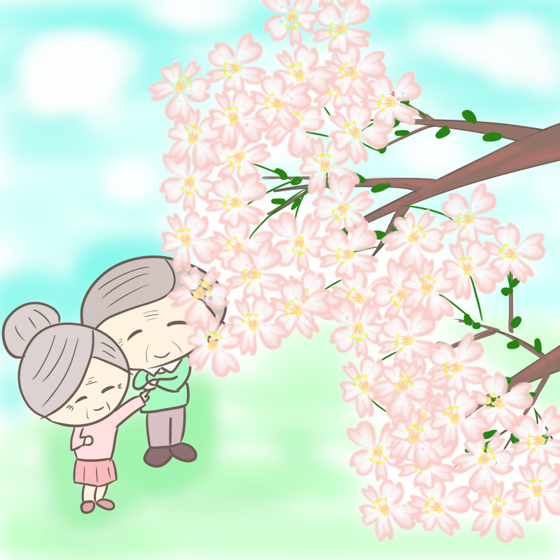 桜を見上げる、おじいさんとおばあさんのイラスト