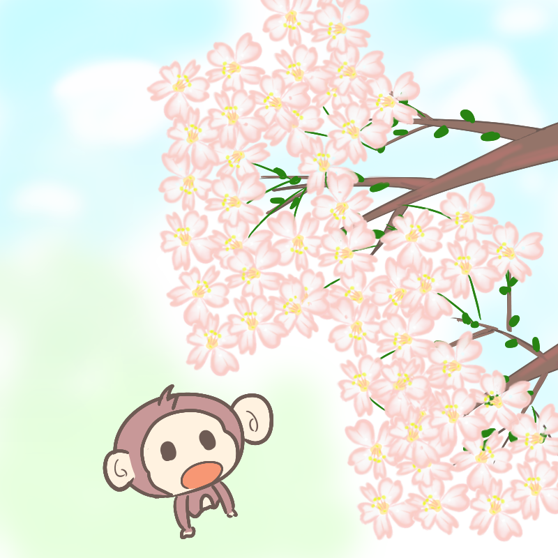 春が来た！桜を見上げるサルのイラスト（文字無し）